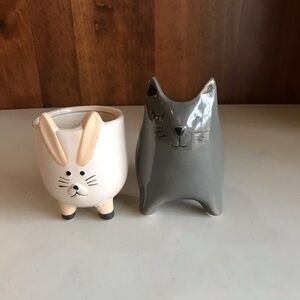 Lot of Two Small Animal Succulent Planters Grey Cat White Rabbit